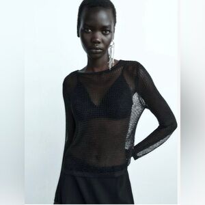 Zara Black Sheer Metallic Mesh Blouse